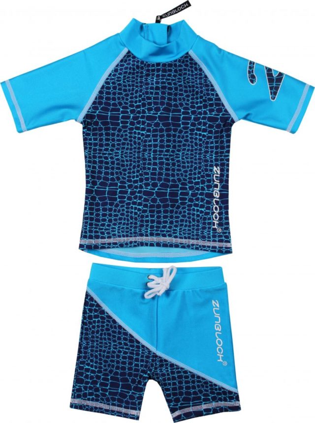 Traje de baño azul marino-turquesa dos piezas polera manga corta+short diseño Croco UPF 50+ marca Zunblock