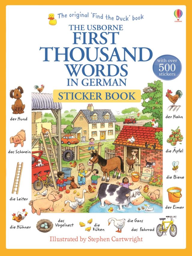 "First thousand words in german sticker book"-"primeras mil palabras en alemán, libro con adhesivos". Diccionario ilustrado inglés alemán.